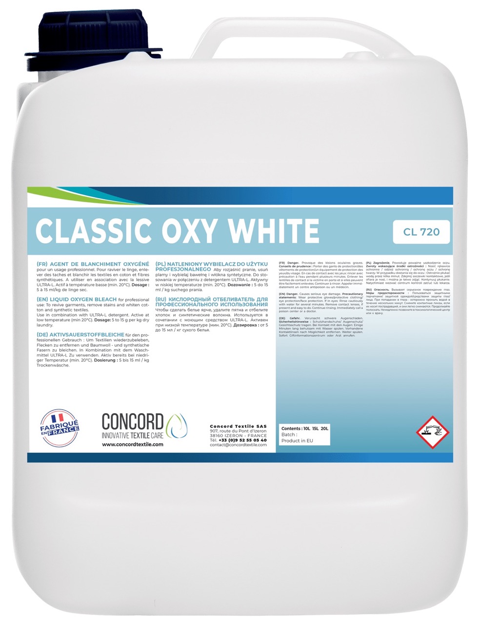 Засіб для відбілювання та видалення плям CONCORD TEXTILE CLASSIC OXY WHITE, 20 літрів